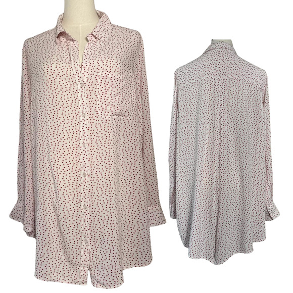 Heart print Button Collared Shirt Women's Size XL White Red Long Sleeve - Picture 1 of 14